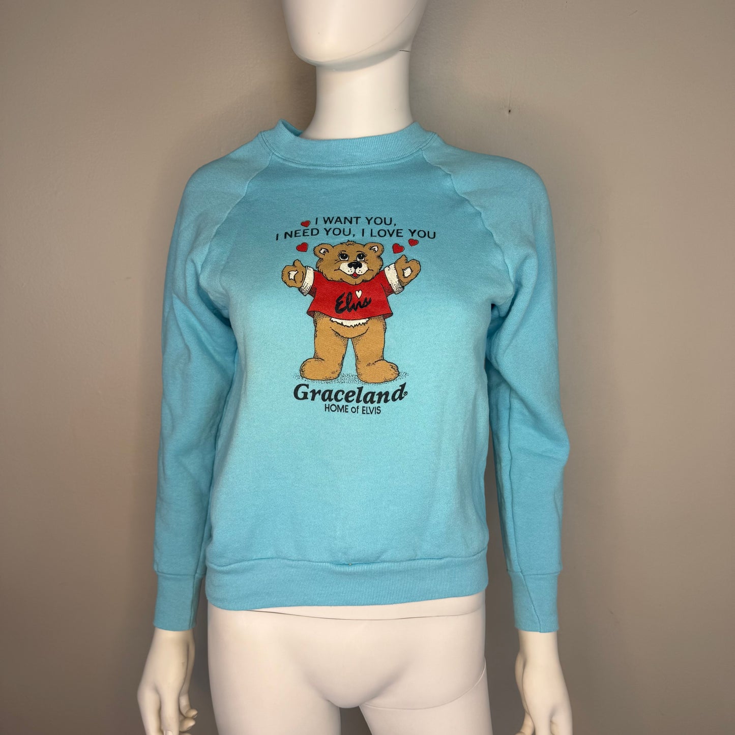 1990s Graceland Sweatshirt, Home of Elvis Presley, Fruit of the Loom Youth Large/Adult XS, Teddy Bear
