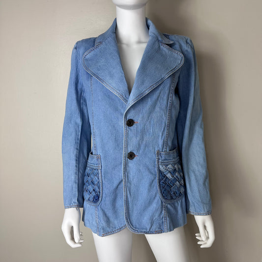 1970s Faded Glory Denim Blazer Jacket, Size Medium, Back Buckle, Woven Strip Pockets
