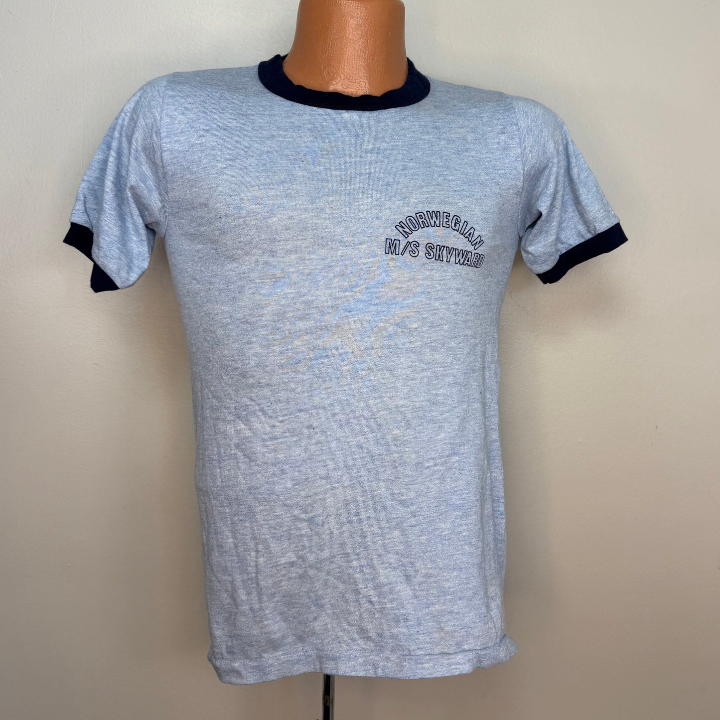 1970s Norwegian M/S Skyward T-Shirt, Sportswear Size XS/Small, Blue Ringer Tee