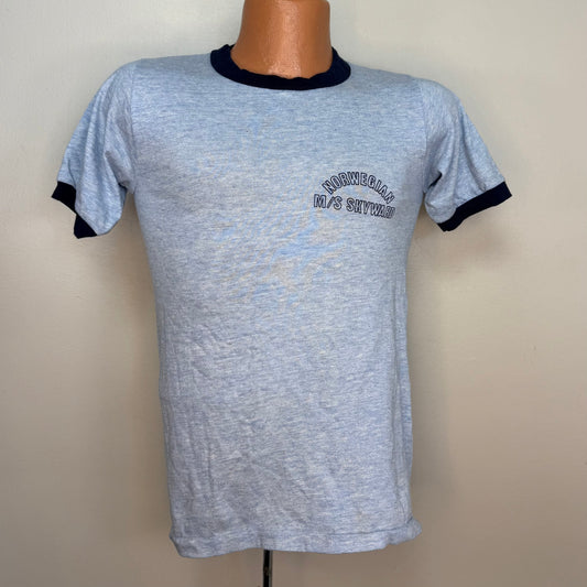 1970s Norwegian M/S Skyward T-Shirt, Sportswear Size XS/Small, Blue Ringer Tee