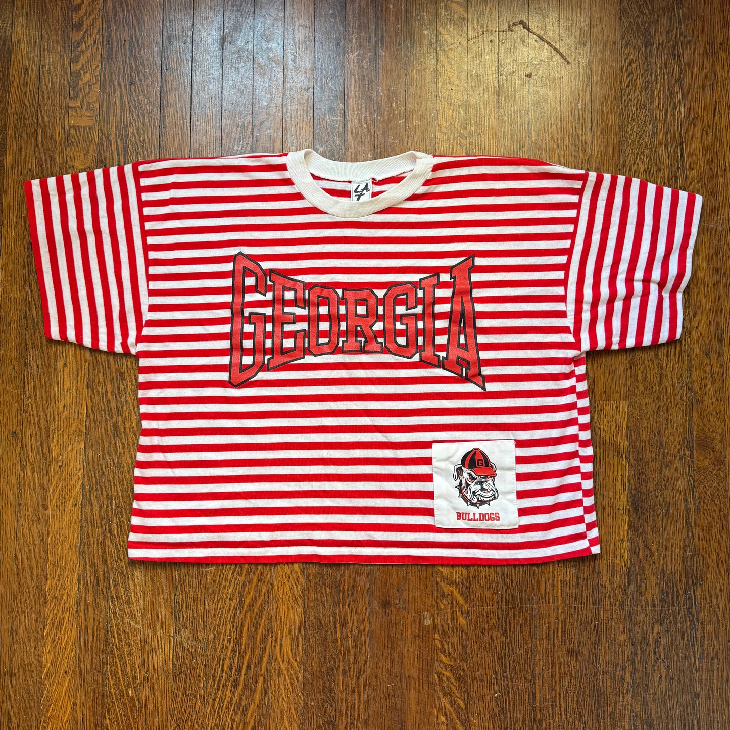1980s/90s Georgia Bulldogs Striped Cropped T-Shirt, L.A. T Sportswear Size L/XL, University of Georgia