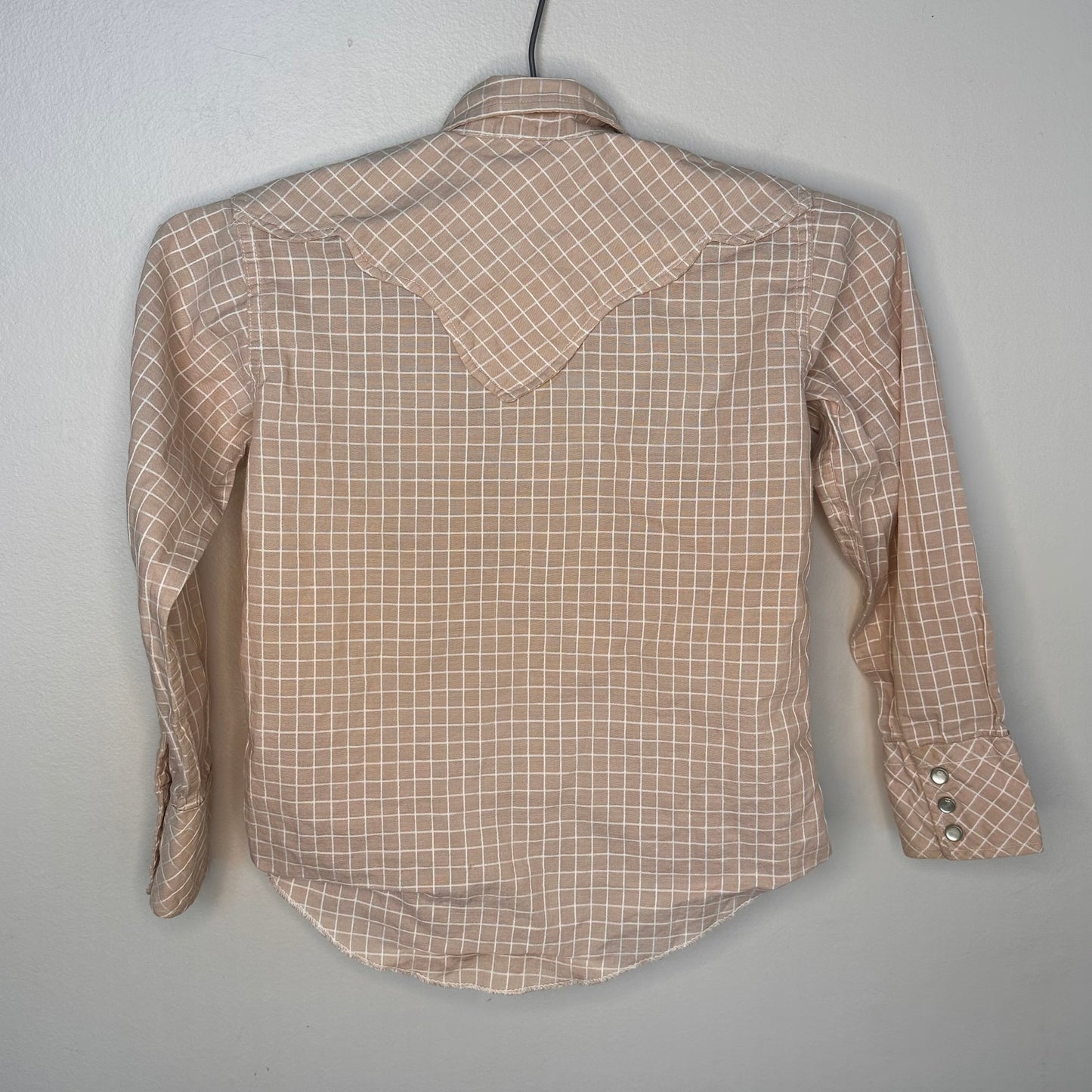 1970s Kids Tan and White Grid Western Shirt, Sand and Sage Western Wear Size 6/7, Pearl Snap