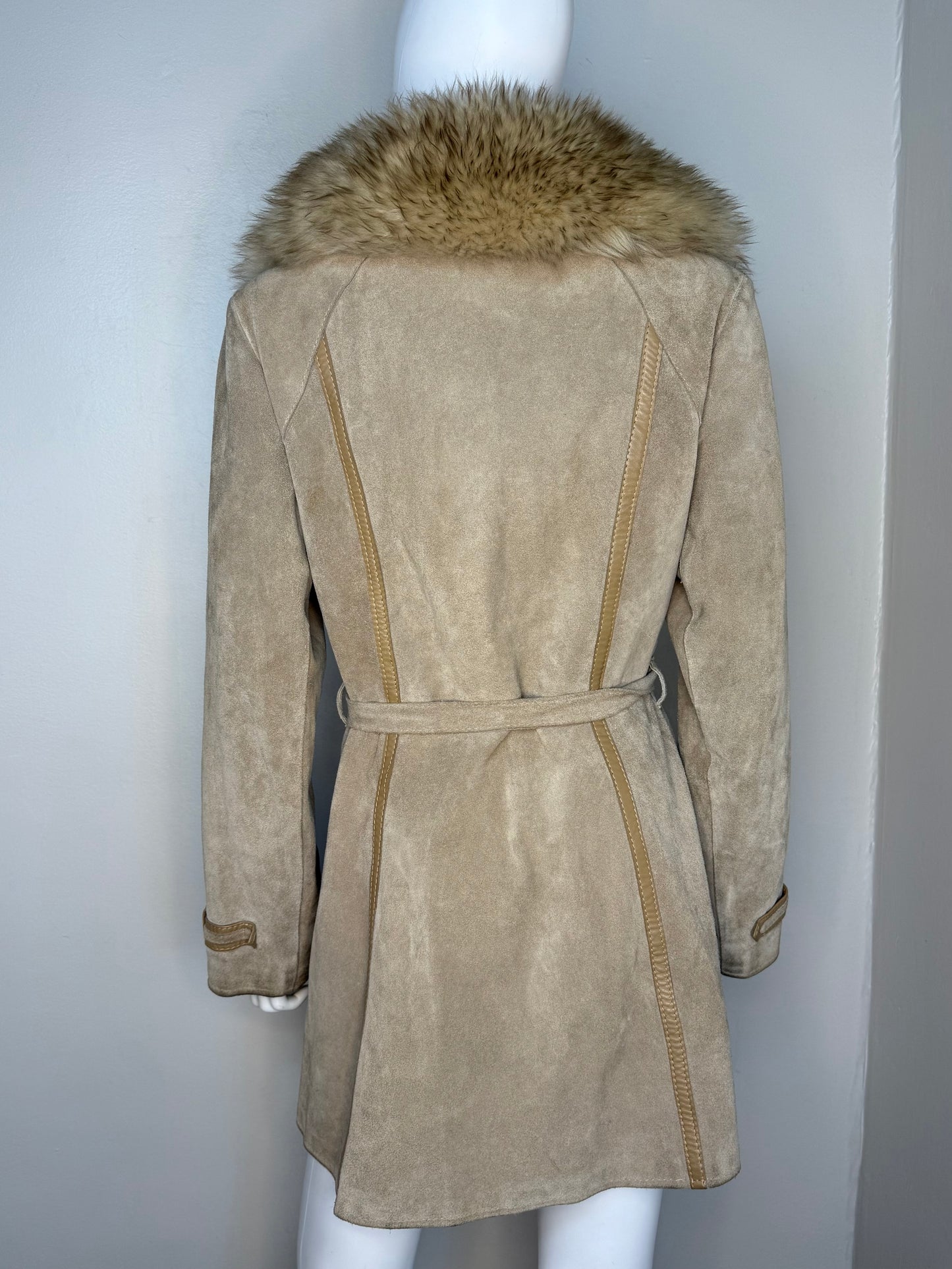 1970s Leather Coat with Lamb Fur Collar, Size Small, Penny Lane