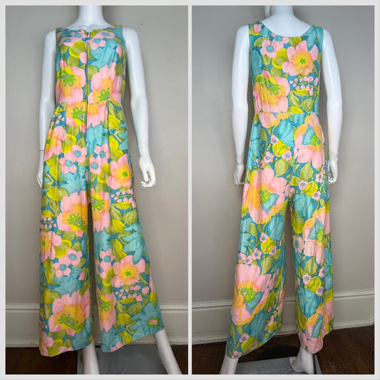 1960s Floral Cotton Sleeveless Jumpsuit, Front Zip, Wide Flare Leg, Size Small