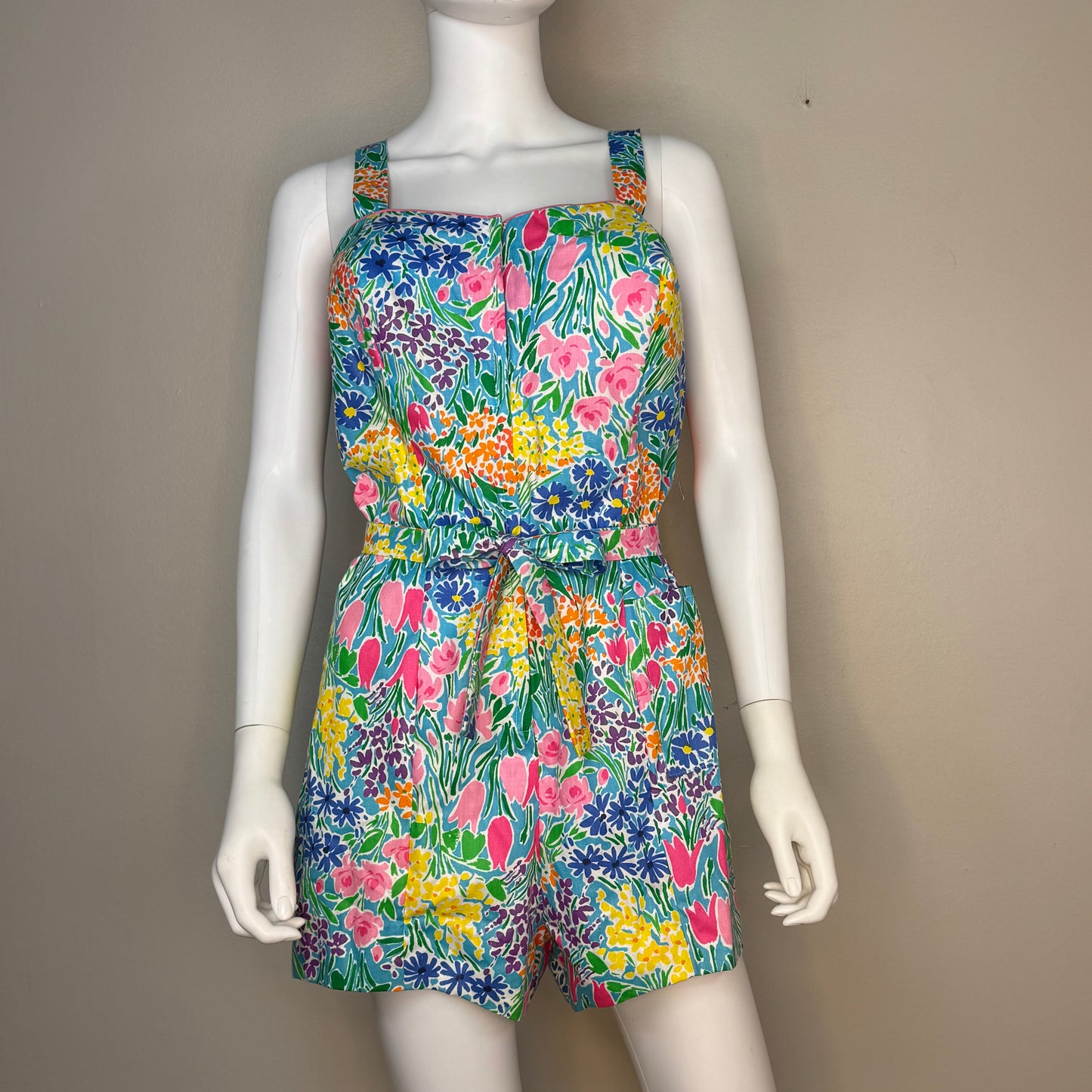 1970s Zip Front Floral Romper, Ceeb Size Large, Swimsuit, Playsuit