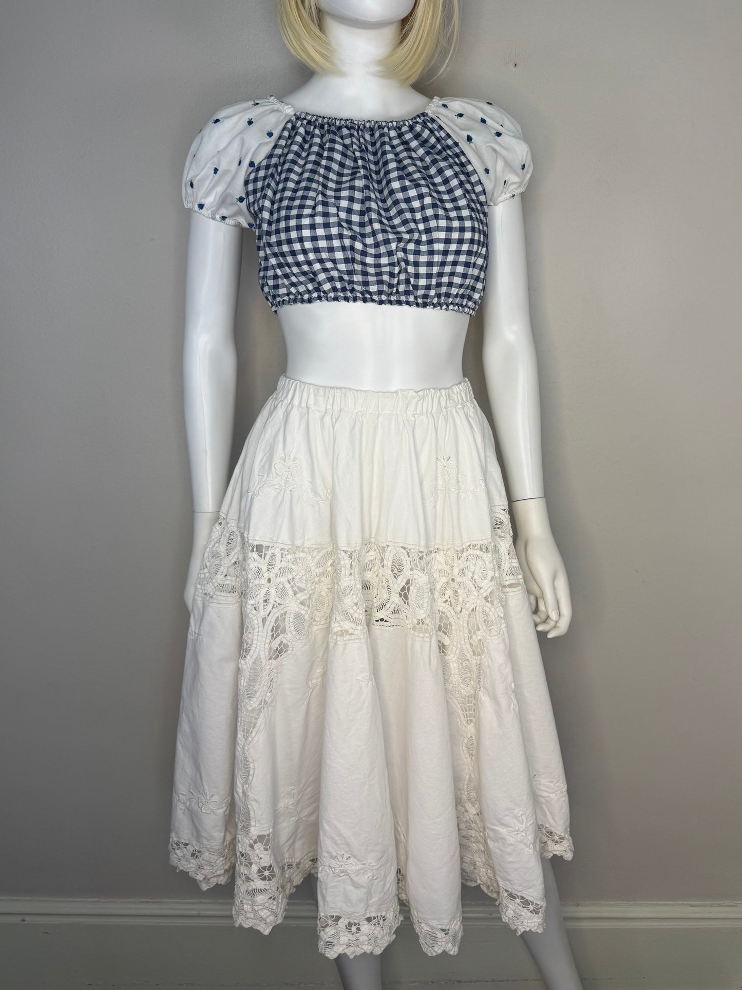 1970s Blue Gingham Cropped Blouse with Embroidered Puff Sleeves, Baar & Beards Size XS