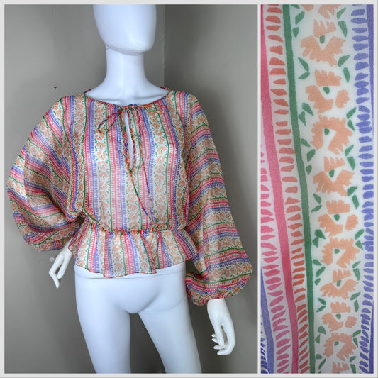 1970s Sheer Floral Stripe Blouse with Balloon Sleeves, Size XS-Small