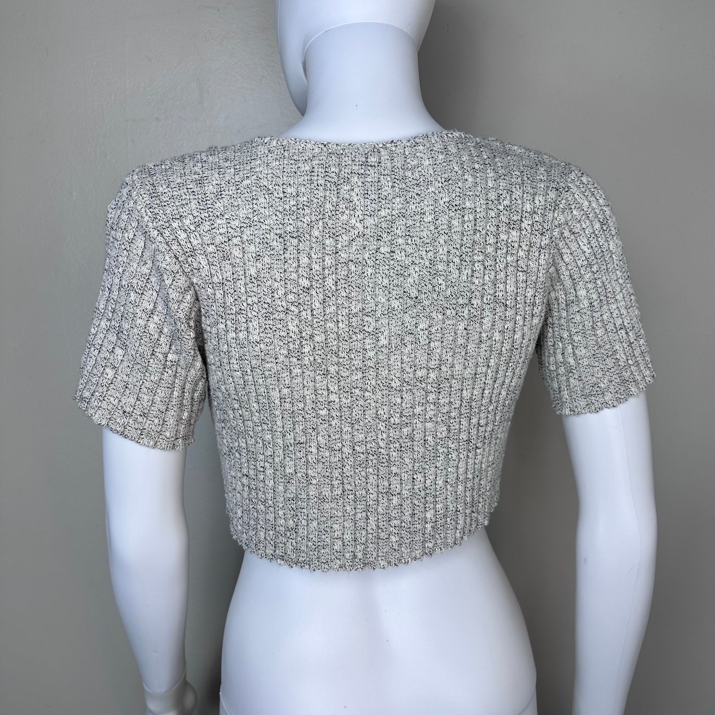 1990s Grey Rib Knit Short Sleeve Cropped Cardigan Sweater, It’s Our Time Fashion Avenue Knits Size Medium