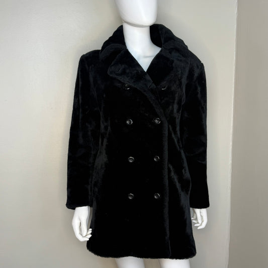 1990s Black Faux Fur Peacoat, Express Size XS-Small, Double Breasted Coat