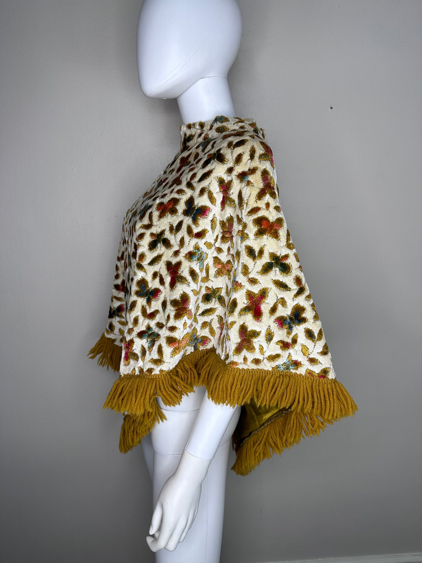 1960s/70s Butterfly Velvet Tapestry Poncho with Fringe, Handmade Size Small