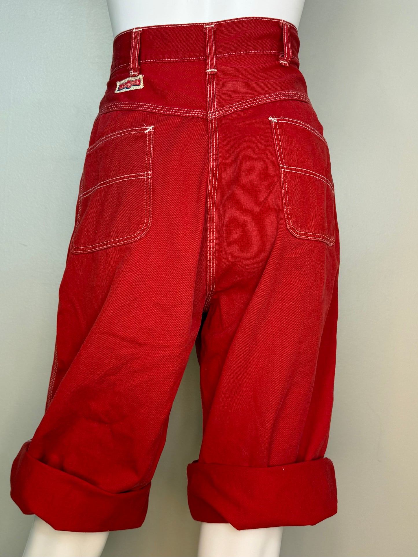 1950s Side Zip Red Denim Pedal Pushers, Cropped Dungarees, Stephens Size XXS, 23.5"x16"