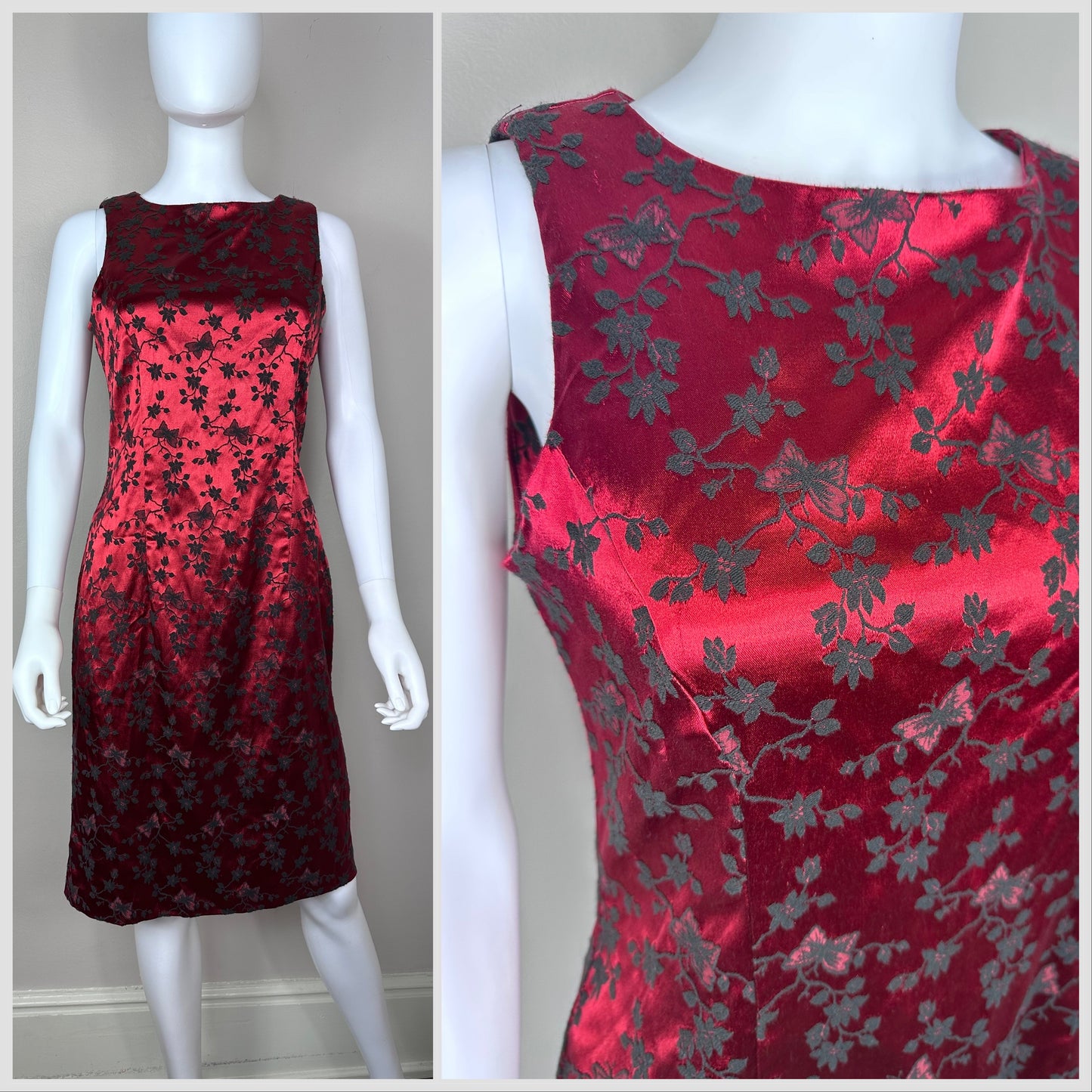 1990s Red Satin Dress, Jessica Howard Petite Size Small-Medium, Flocked Floral with Butterflies