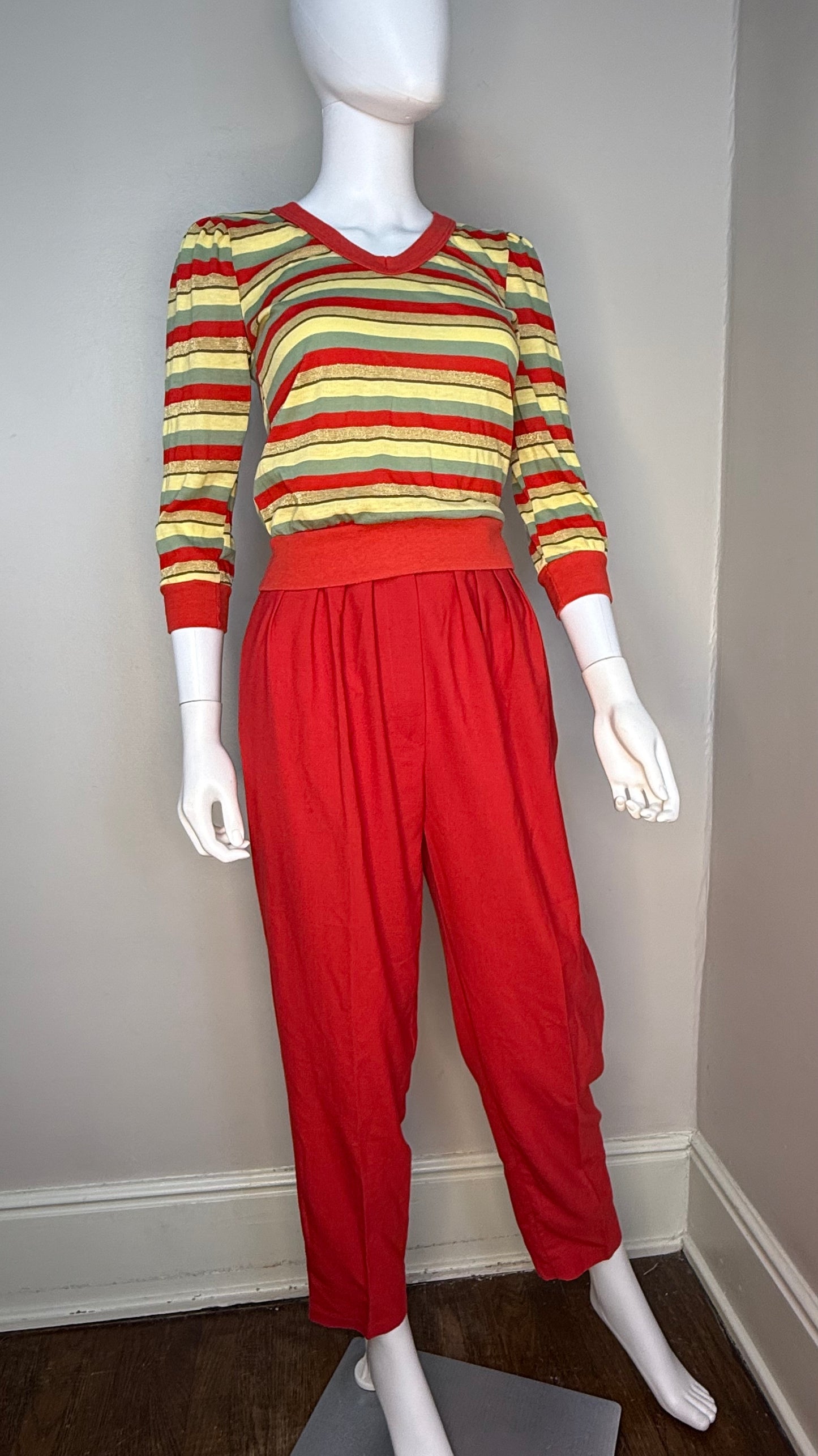 1980s Red Pleated Pants, High Rise, Wide Waistband, Tapered Leg, 27"x28"
