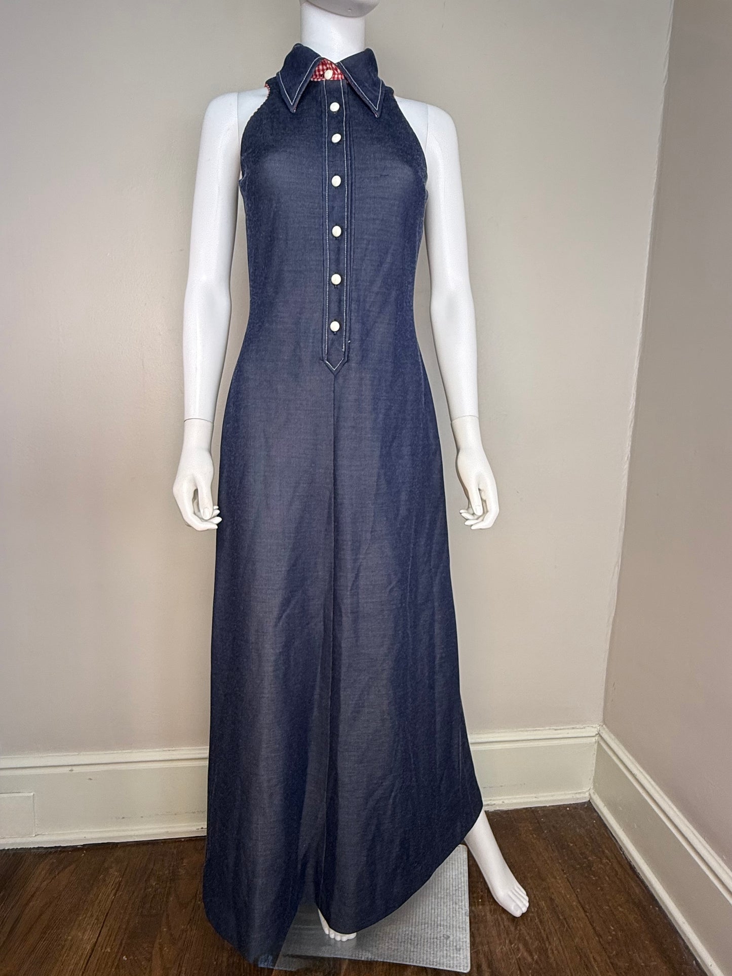1970s Blue Double Knit Maxi Shirt Dress with Gingham Trim, Melissa Lane Size Small/Medium