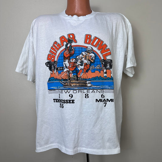 1986 Sugar Bowl New Orleans T-Shirt, Tennessee vs Miami, 1980s America’s Favorites Size XXL
