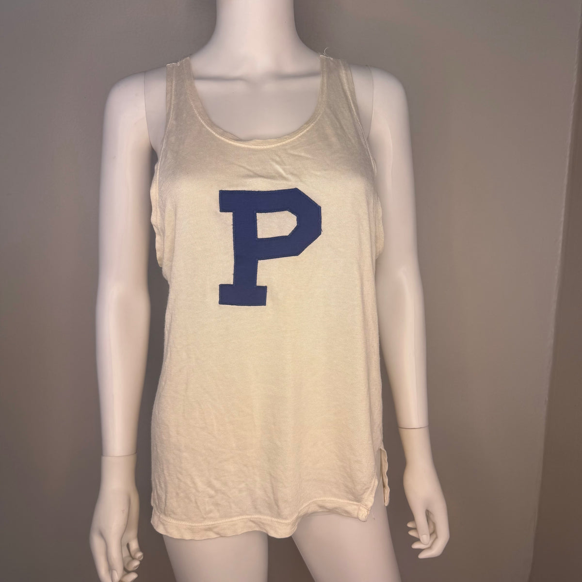 1950s/60s White Jersey Tank Top, Size Large, Applique P