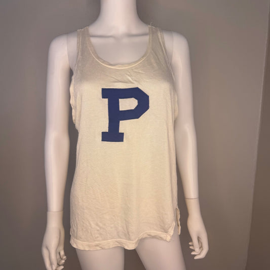 1950s/60s White Jersey Tank Top, Size Large, Applique P