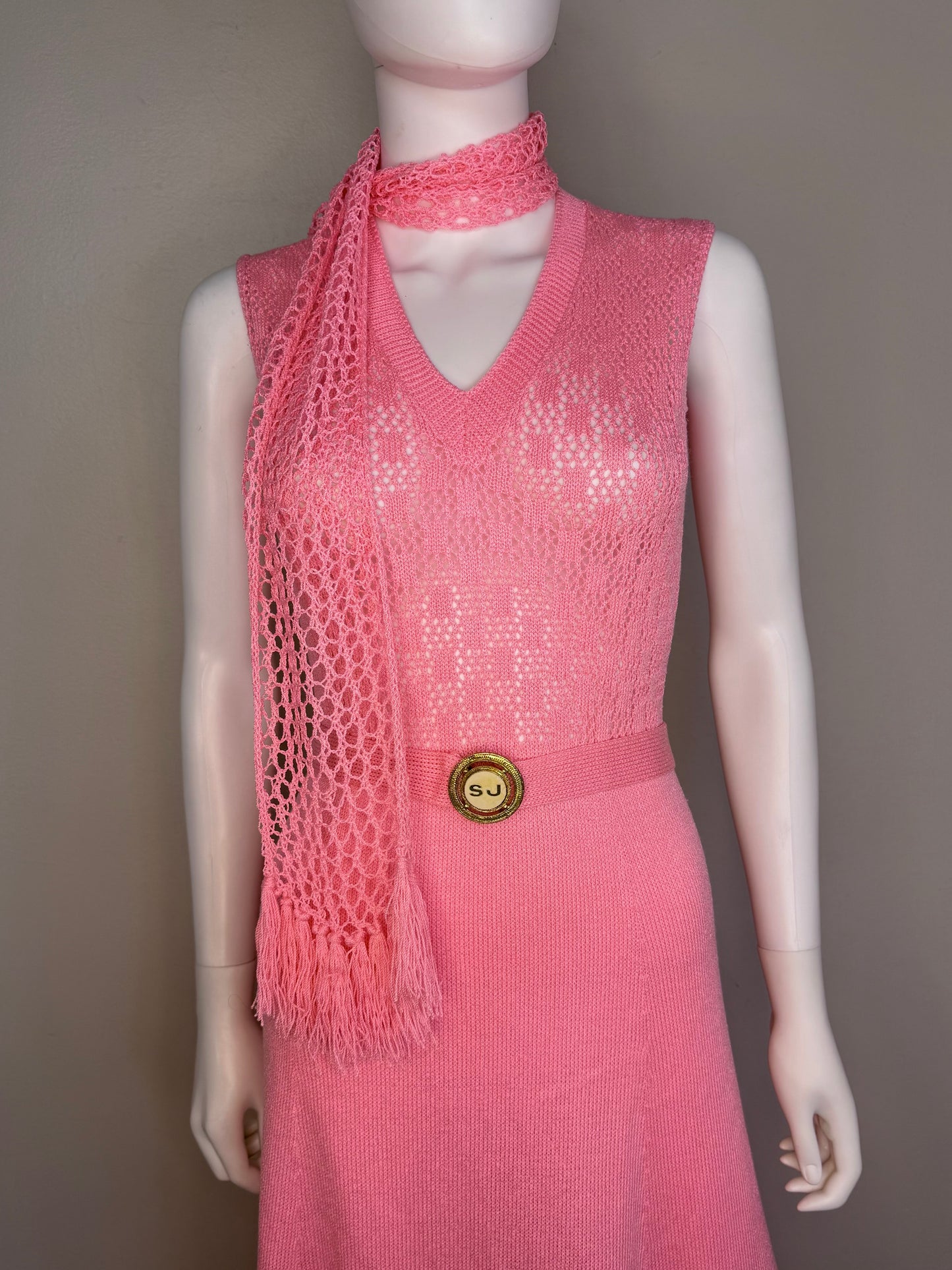 1970s St John Knits Pink Sleeveless Maxi Sweater Dress with Matching Short Sleeve Cardigan and Scarf, Size X-Small