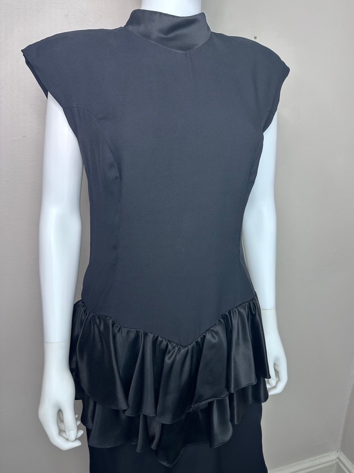 1980s Black Drop Waist Dress, Ruffle Peplum, All That Jazz Size Medium