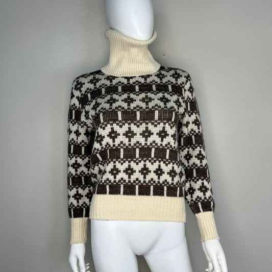 1970s Brown and Cream Stripe Turtleneck Ski Sweater, Sears Junior Bazaar Size S/M