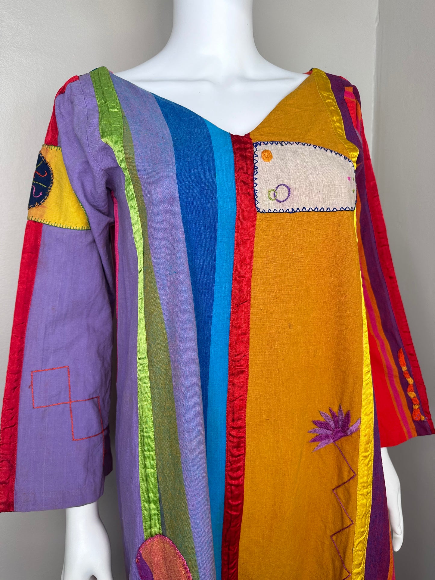 1960s/70s Josefa Rainbow Patchwork Embroidered Mexican Caftan Dress, Size XS-Small, One of a Kind