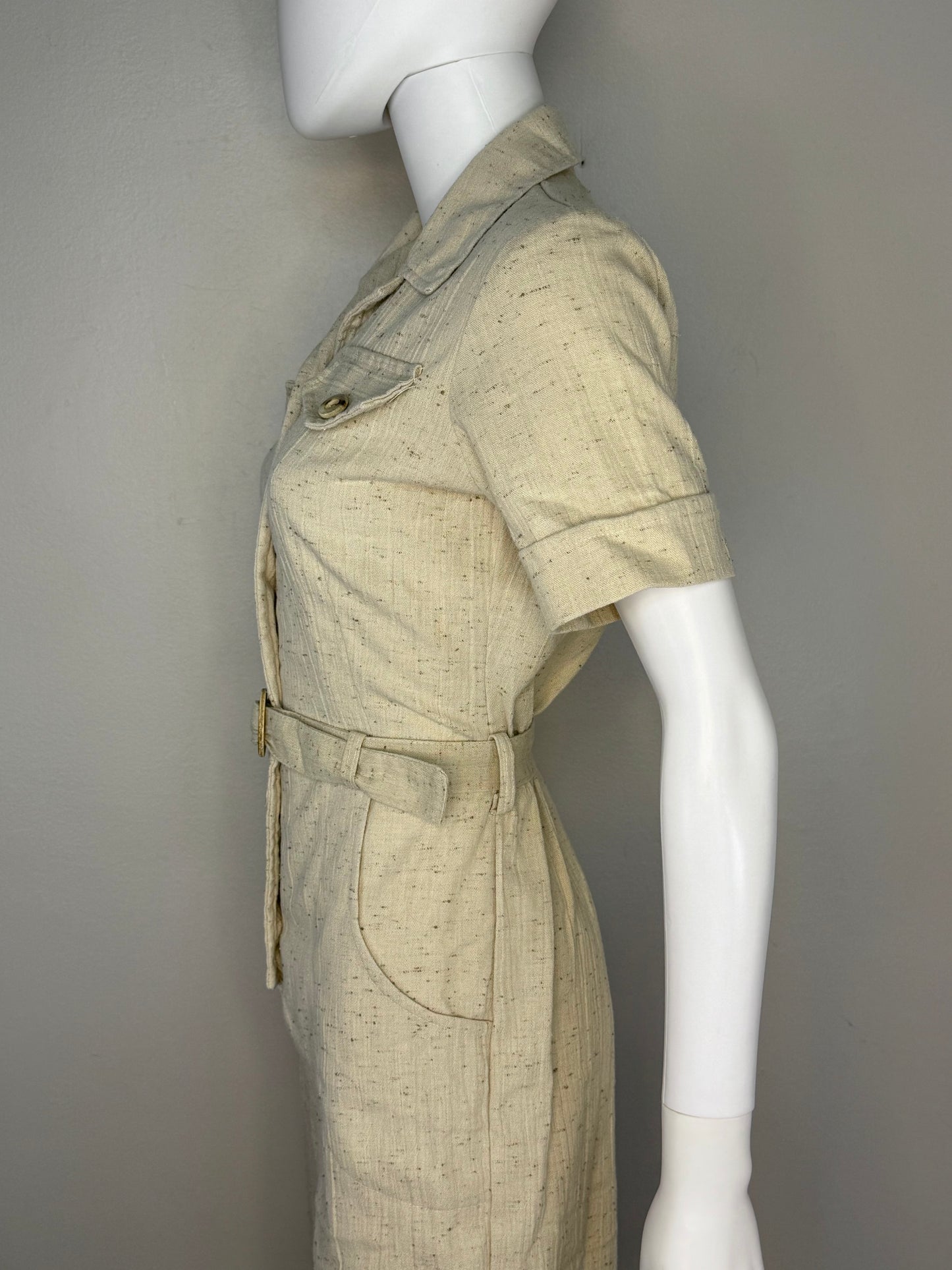 1970s Tan Safari Flare Leg Jumpsuit, Sears Jr Bazaar Size Small
