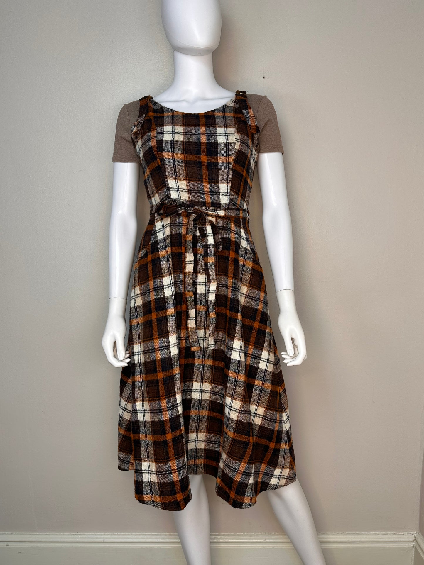 1970s Brown Plaid Sleeveless Wrap Dress, Terri Juniors California, Jumper