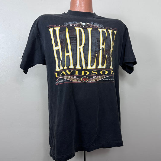 1990s Harley Davidson 90th Anniversary Fresno California T-Shirt Size M/L, R.K. Stratman 1993, Distressed
