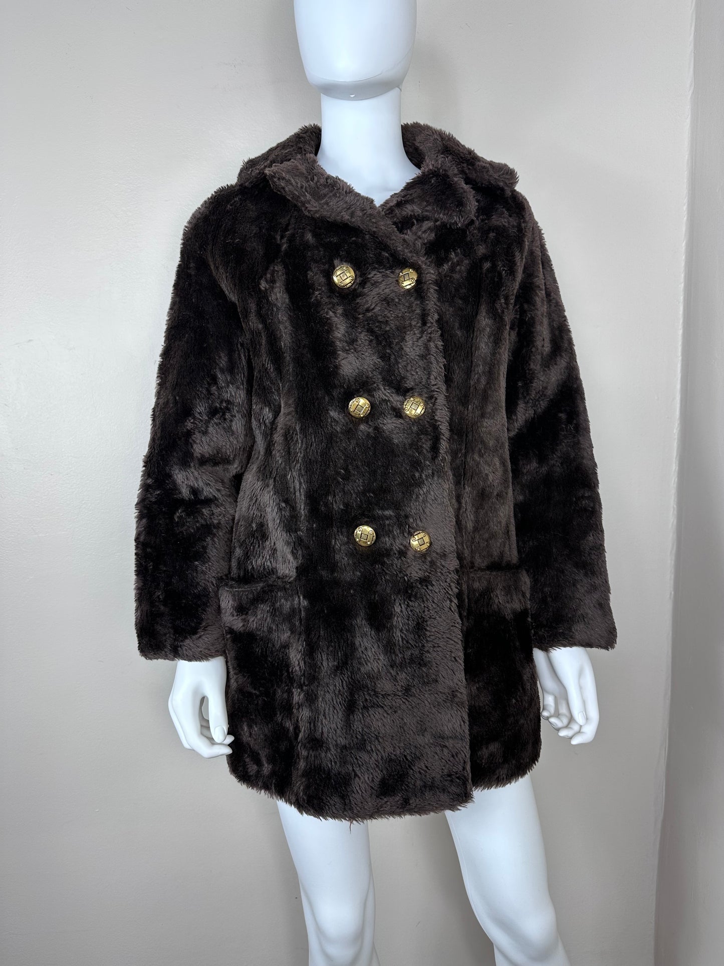 1970s Chocolate Brown Faux Fur Coat, Rivoli Size Medium