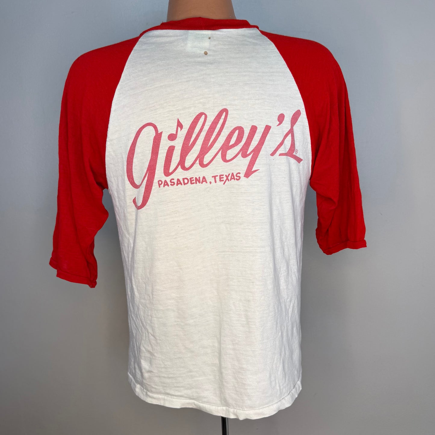 1970s/80s Gilley’s T-Shirt, Pasadena Texas, Baseball Tee, Red Raglan Sleeves, Vogel Mills & Mfg Size Medium, Urban Cowboy, Distressed
