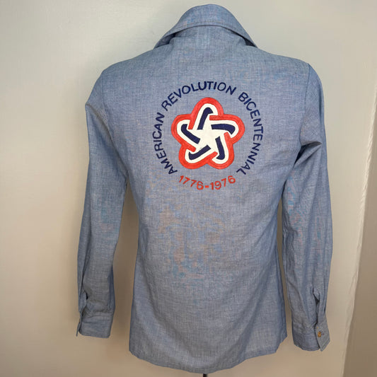 1970s Chambray Shirt, Hand Painted, 1976 USA Bicentennial Celebration, Jeans Joint Sears The Men’s Store Size Small