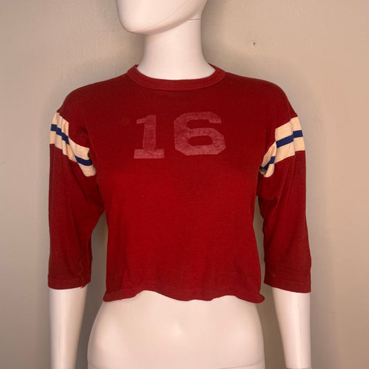 1960s Cropped Cotton Jersey T-Shirt, Size Medium, Red with Stripes on 3/4 Sleeves, No 16