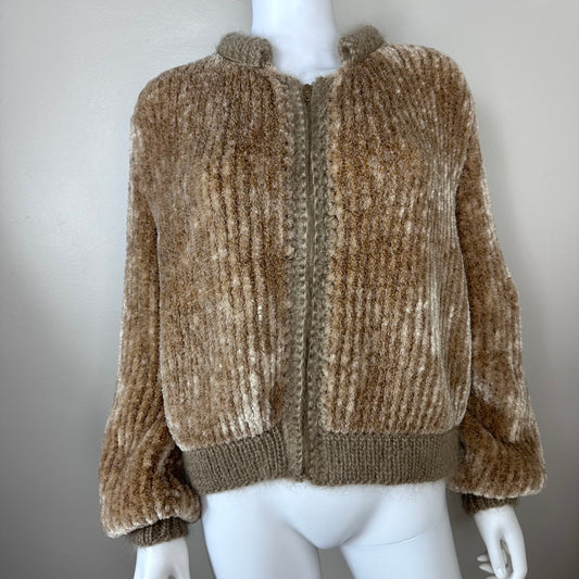 1970s Brown Knitted Chenille Jacket, Handmade Size XL-2XL