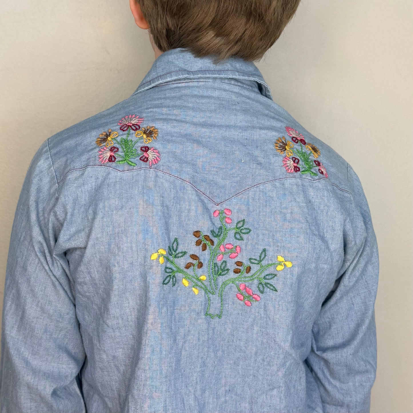 1970s Kids’ Chambray Shirt with Floral Embroidery, Miller Western Wear Size 10/12