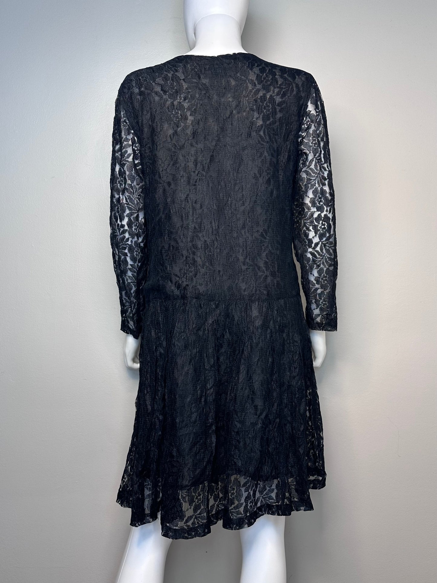 1990s Black Lace Drop Waist Dress, Passports of Pier 1 Imports Size Medium, 90s does 20s, Whimsy Goth