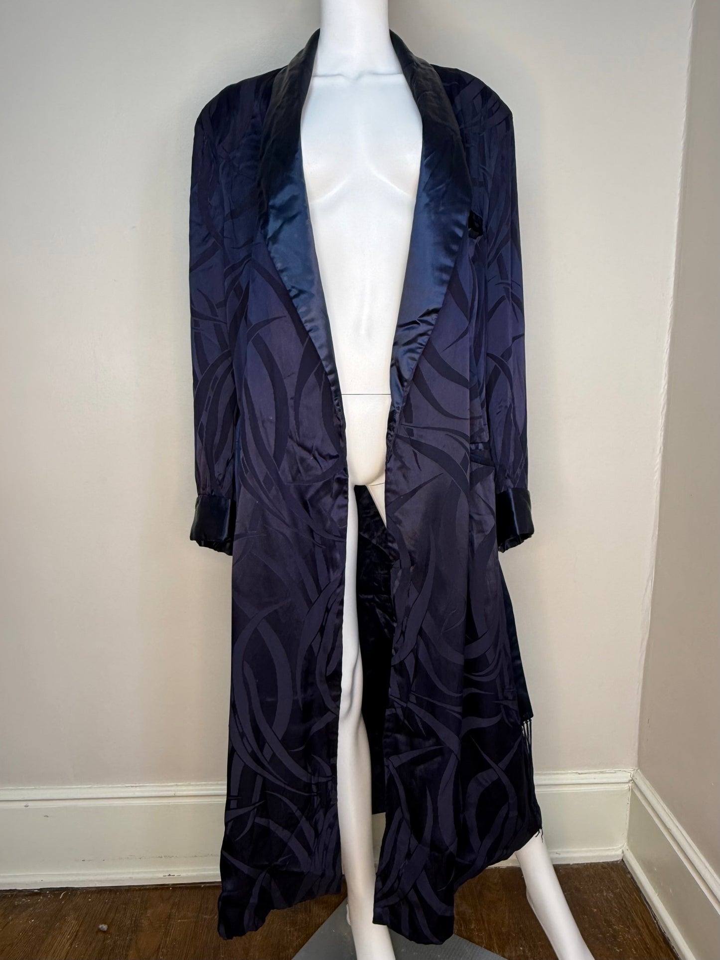 1930s/40s Men’s Navy Blue Satin Jacquard Lounging Robe, Smoking Jacket, Belt with Fringe Trim, Lowenstein’s Size Large