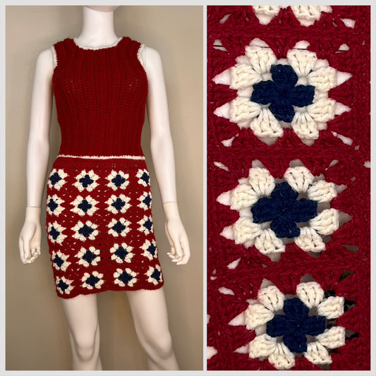 1970s Crochet Granny Square Skirt and Sweater Vest Set, Handmade Size XS, Maroon and Navy Blue