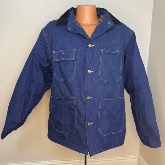 1970s Denim Chore Coat, Blanket Lined Jacket, Ely Size 44, Corduroy Collar