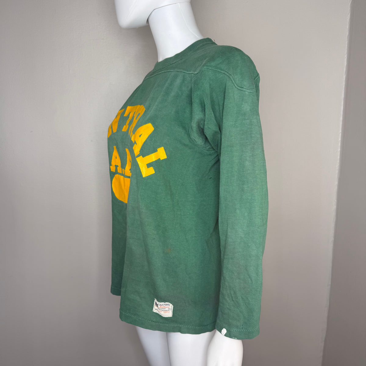 1940s Green Cotton Jersey T-Shirt, Central High Memphis AA, Champion Knitwear Company Running Man Size Medium