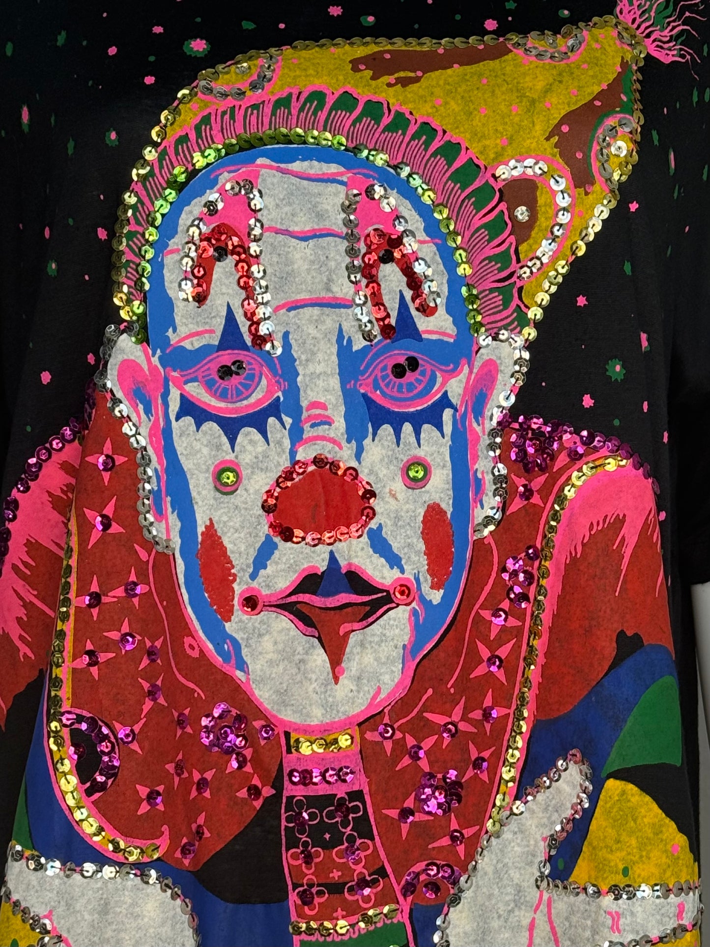 1980s Clown T-Shirt Tunic, Sequins, Embellished, Ultra Hand Made in Bali, One Size