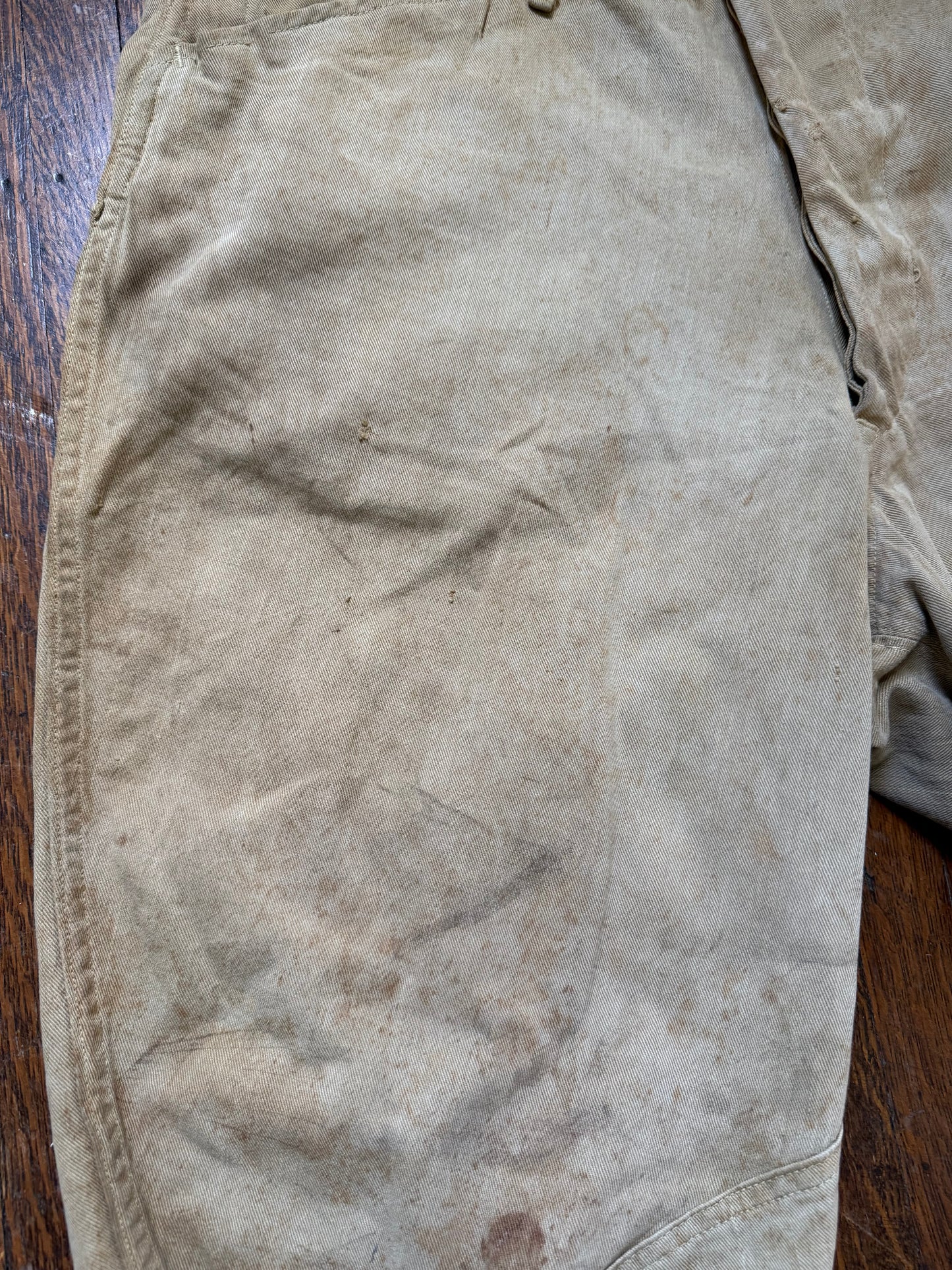 1910s WW1 Khaki Canvas Jodhpurs Pants, Summer Riding Breeches, Distressed Patina, 33"x26.25"