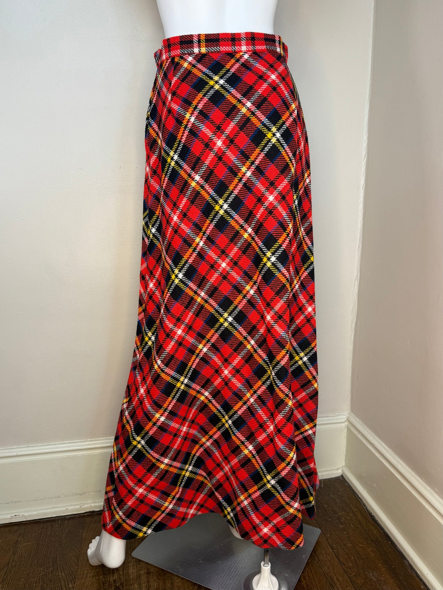 1970s Red Plaid Maxi Skirt, Size XS/Small