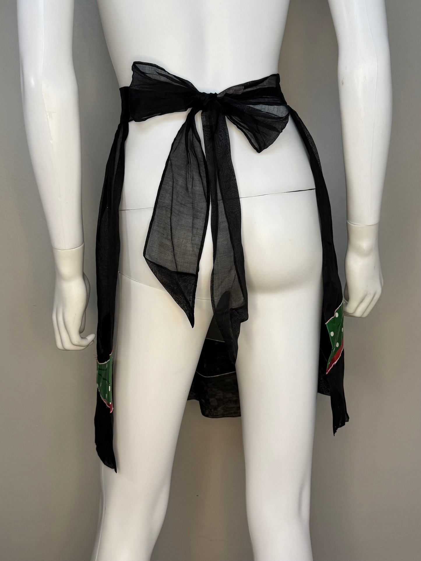 1950s Carmen Lee Half Apron, Christmas, Black Organza, Red and Green Polka Dot Bow Appliqué