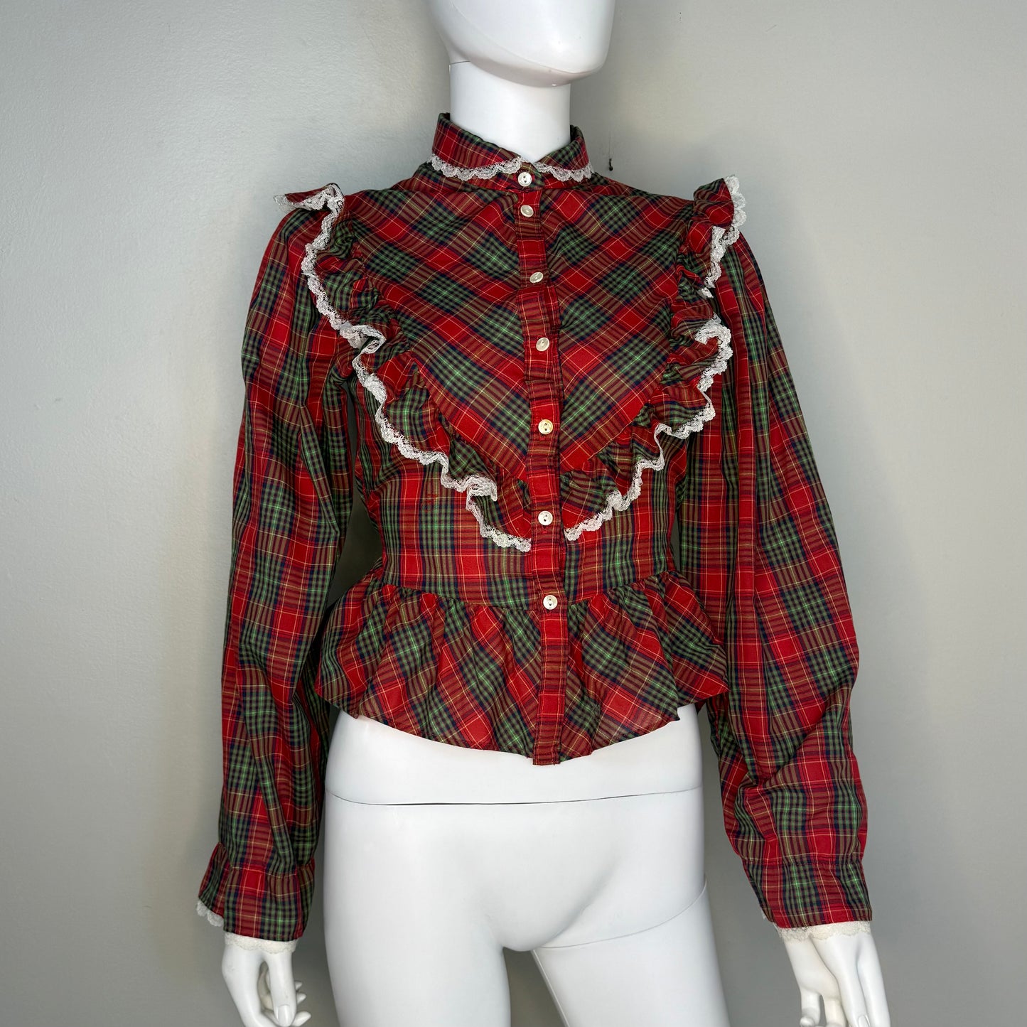 1980s Red and Green Plaid Prairie Western Blouse with Lace Trim, Parallel Lines Size XS/S