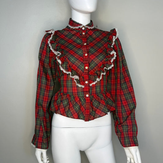 1980s Red and Green Plaid Prairie Western Blouse with Lace Trim, Parallel Lines Size XS/S