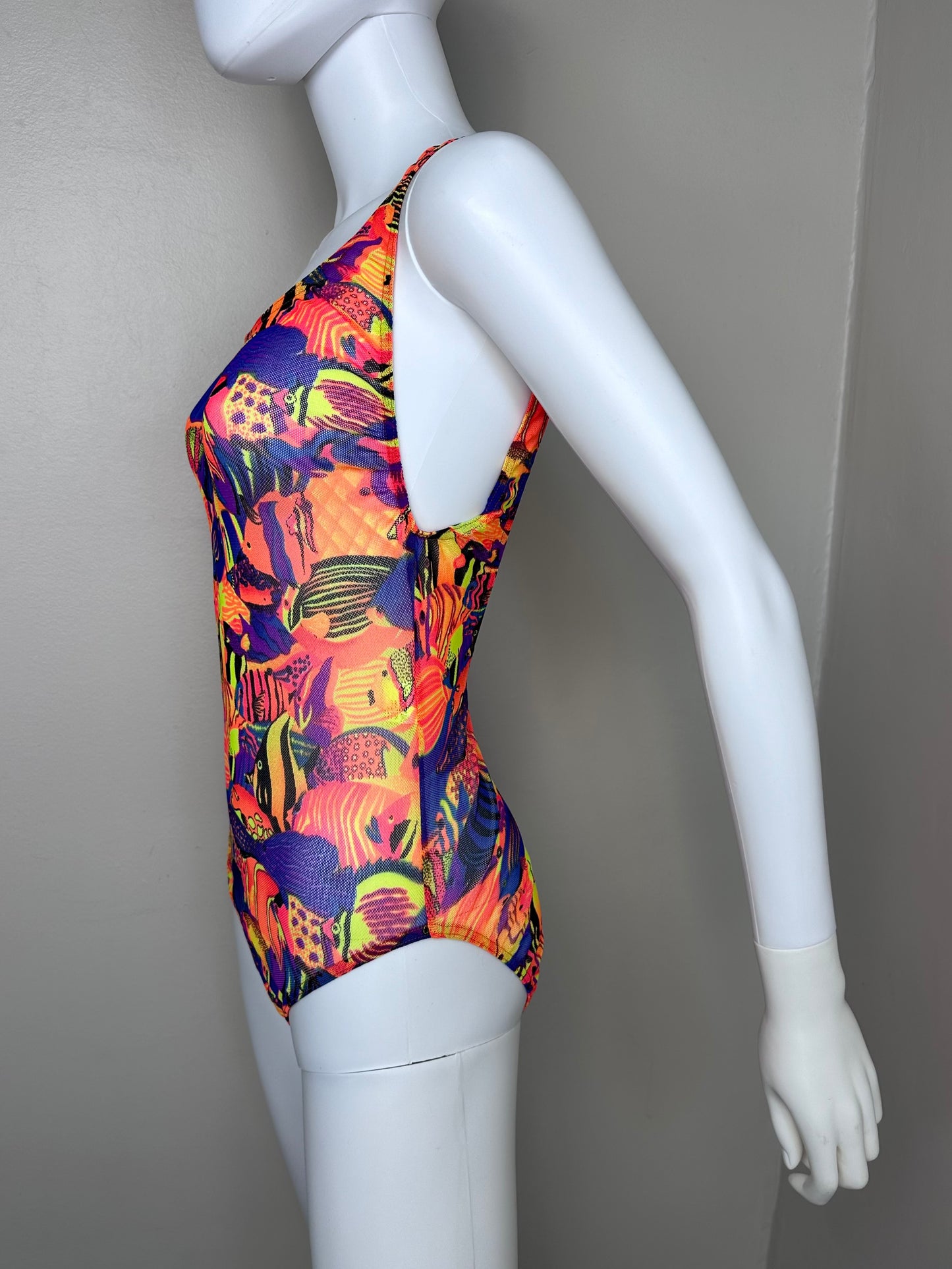 1980s Mesh Fish Print Swimsuit, One Piece, Solar Sportswear Tan Through Suit Size Small, Tanning Suits