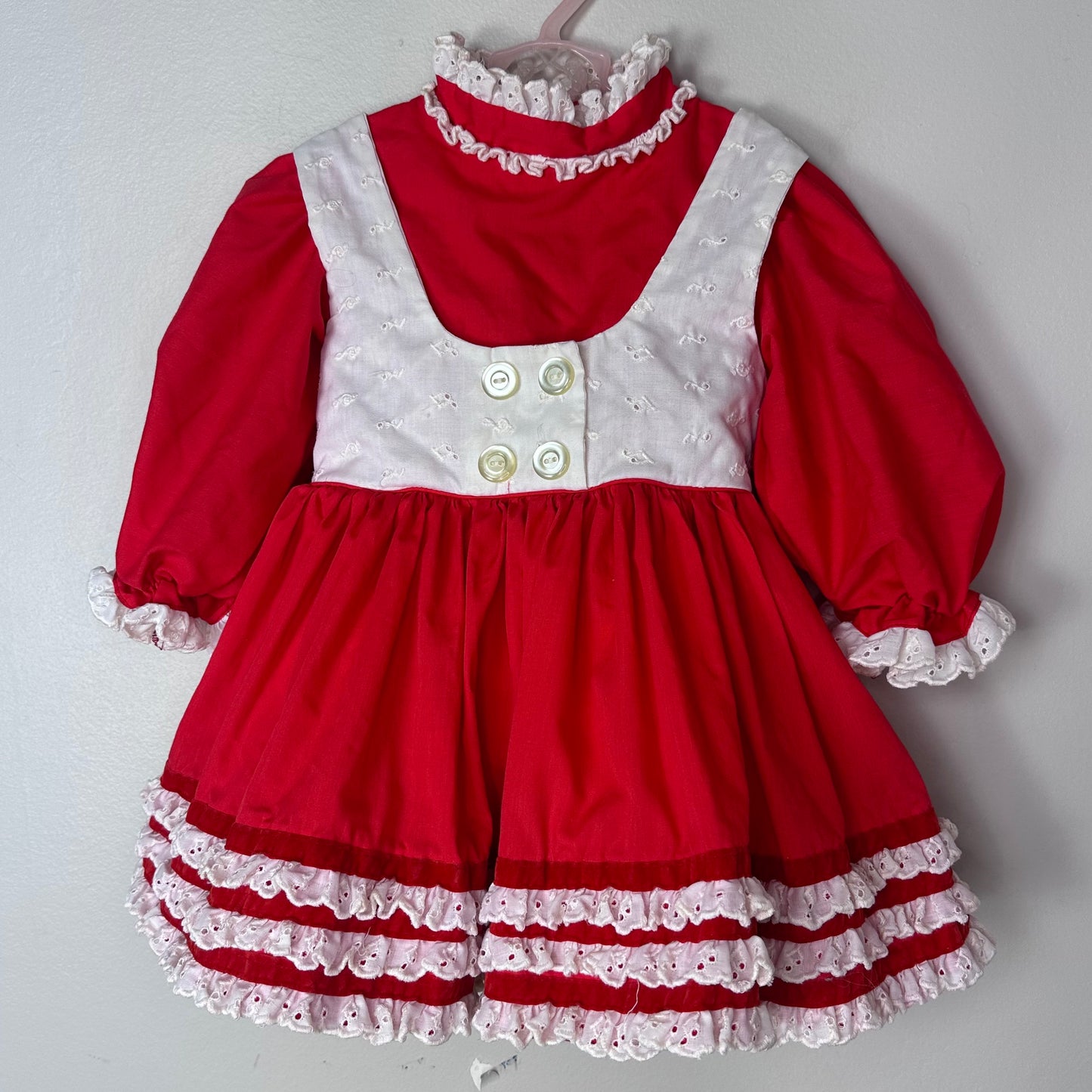 1980s Red Frilly Pinafore Dress, Martha’s Miniatures Size 2/3, We're Fussy