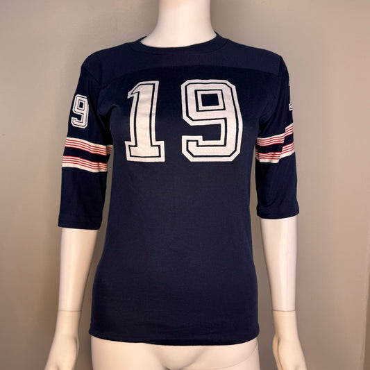 1960s/70s Navy Blue Jersey T-Shirt, Number 19, Never Iron by Campus Size Youth Large/Adult XS