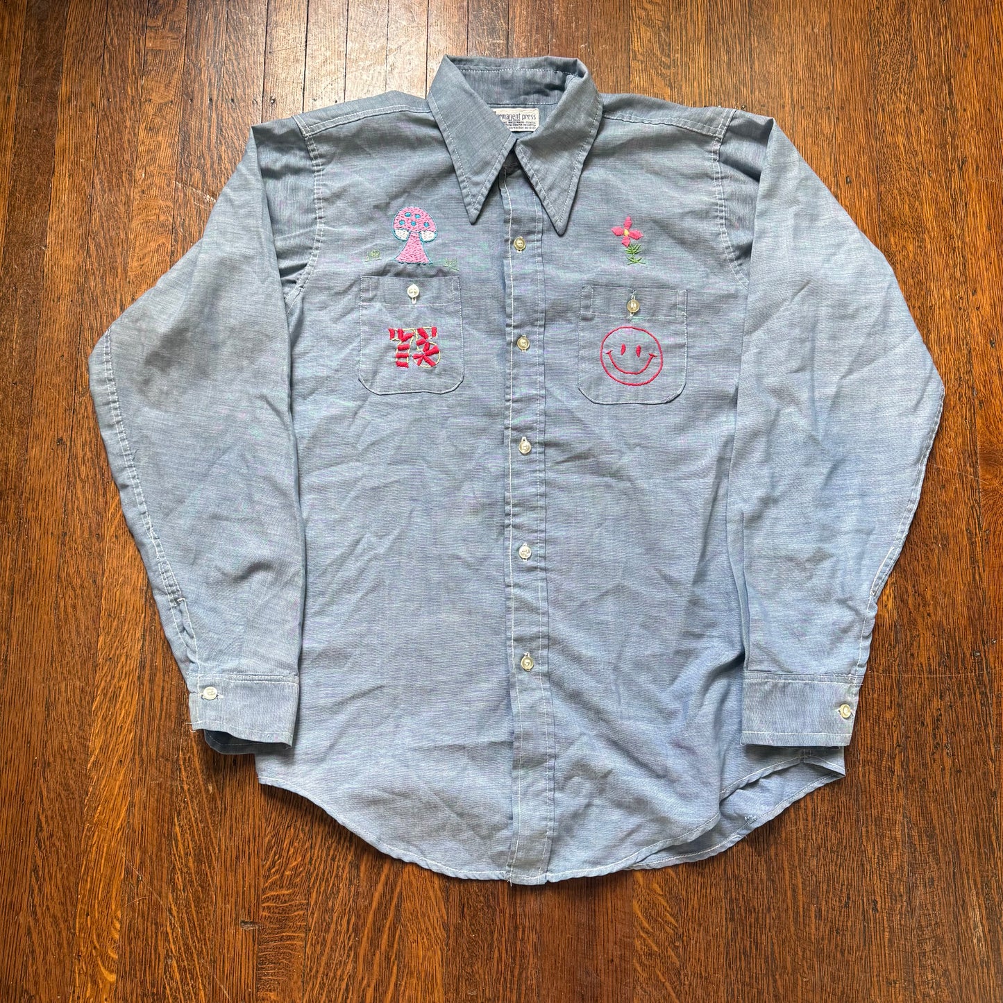 1970s Chambray Shirt with Embroidery, Size Small, Everything’s Fine, Shroom, Smiley, Hand Embroidered