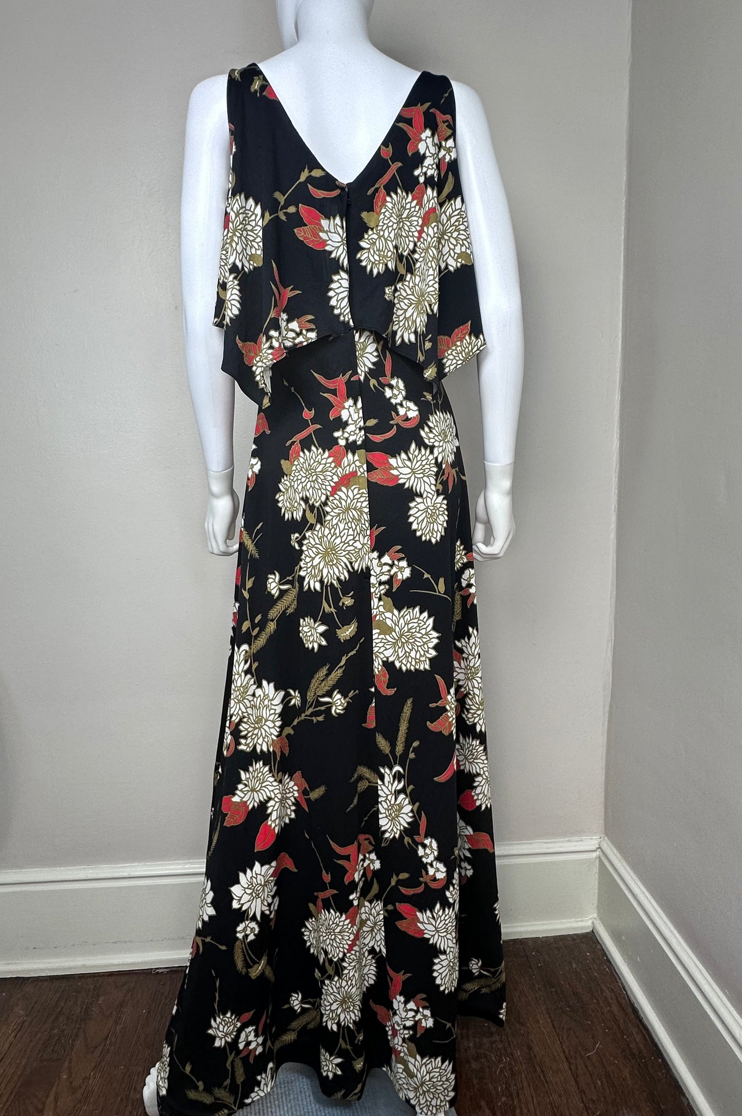 1970s Black and Gold Floral Maxi Dress, Toni Todd Size Small-Medium